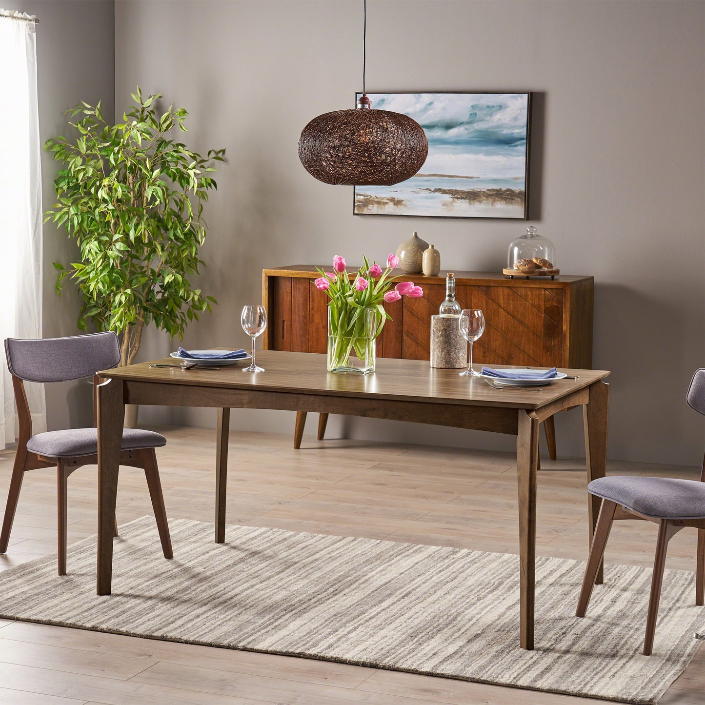 Christopher Knight Home Wren Dining Table 6-Seater Rubberwood with Walnut Veneer Mid-Century Natural Walnut Finish