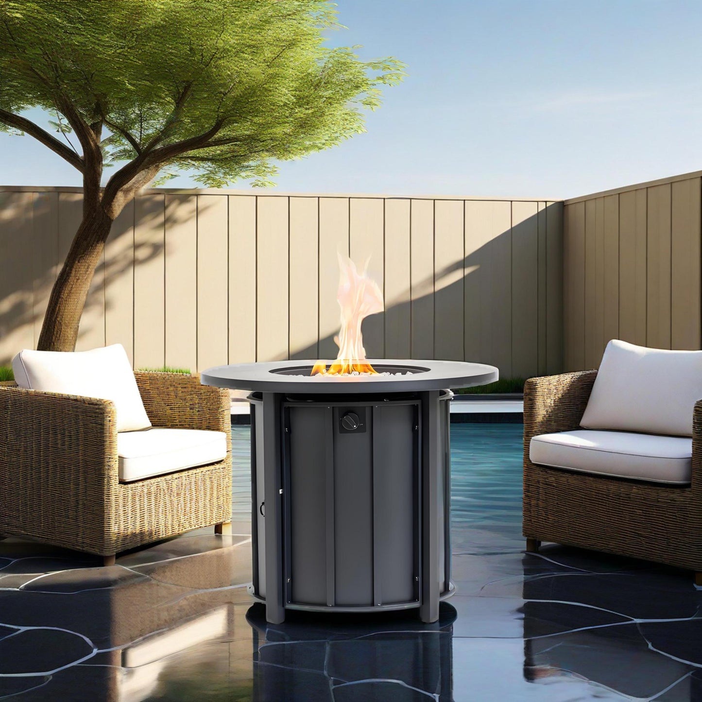 REIBII 30 inch Outdoor Propane Fire Pit Table Round Steel Fire Pit Table Top Fire Pit with Wood Grain Ceramic Table top