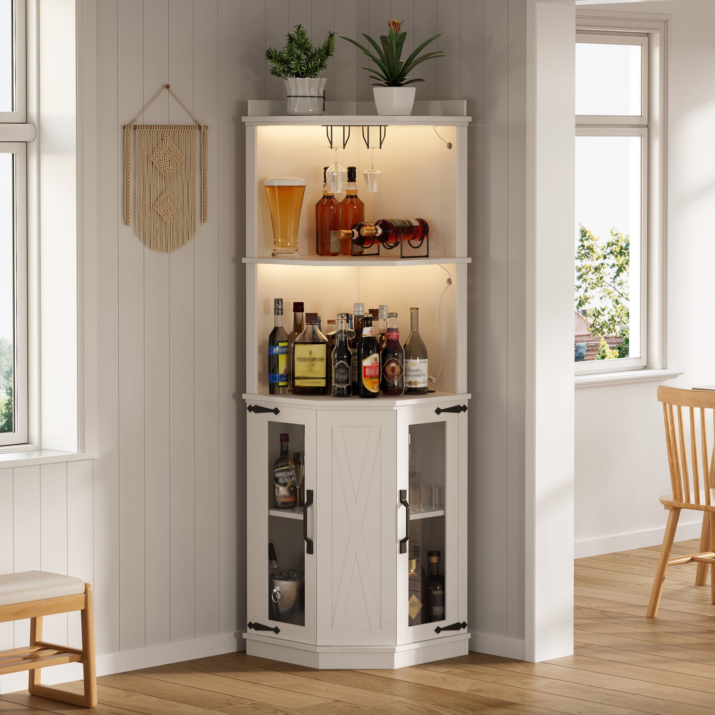 ModernLuxe 67.3inch Corner Bar Cabinet with Power Outlet Farmhouse Wine Bar Cabinet with Adjustable Shelves for Homewith Lights Glass Rack for Dining Room Living Room Kitchen
