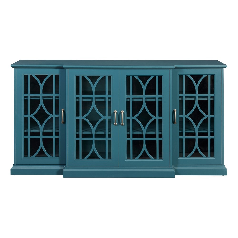 GlasFlength 63 Inch TV Stand Sideboard Buffet Storage Cabinet Teal Blue Freestanding Living Room Entertainment Console with Large Storage and Decorative Display Space