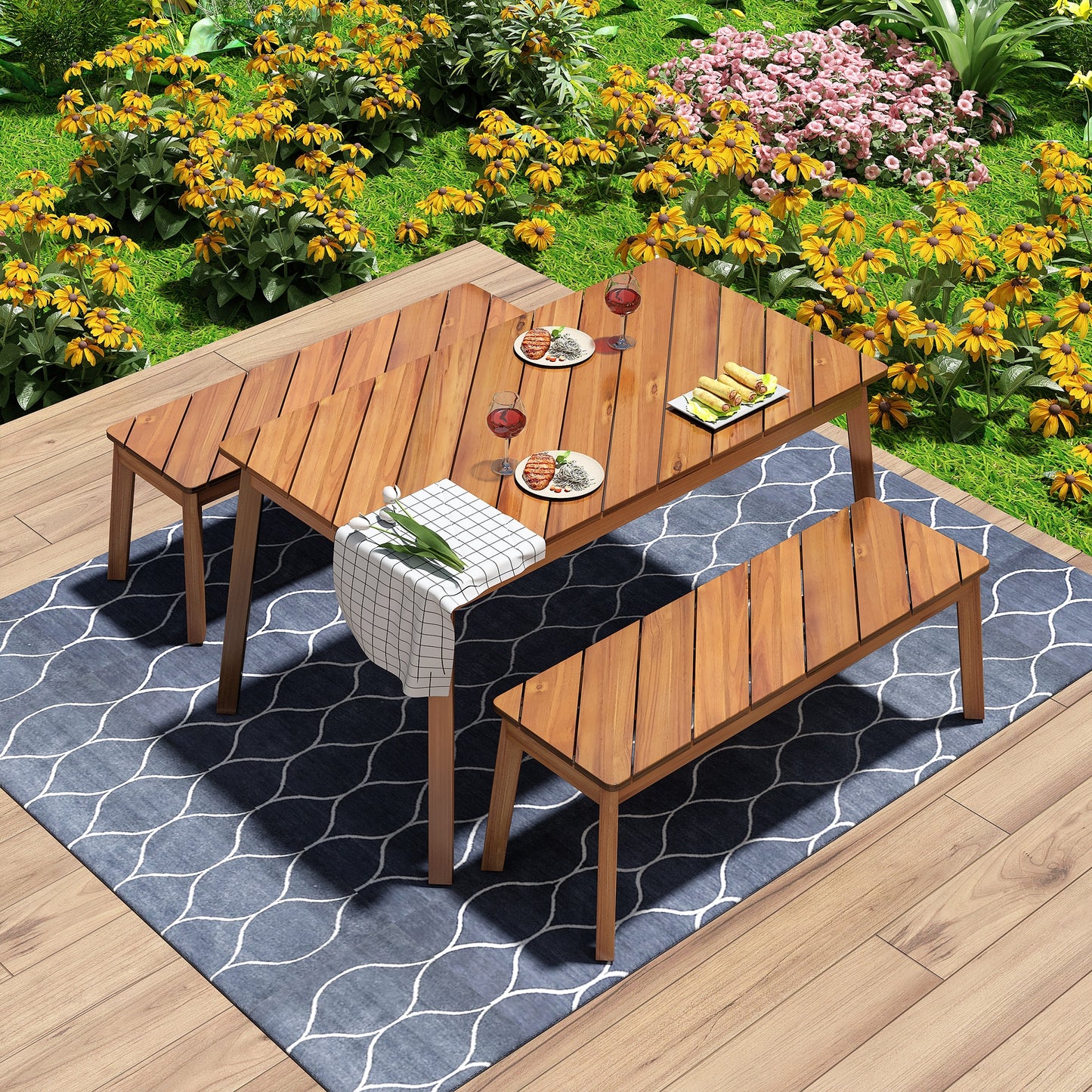 Direct Wicker 3 -Piece brown Patio Dining Set Wood Rectangle Table with 2 Stationary Chairs