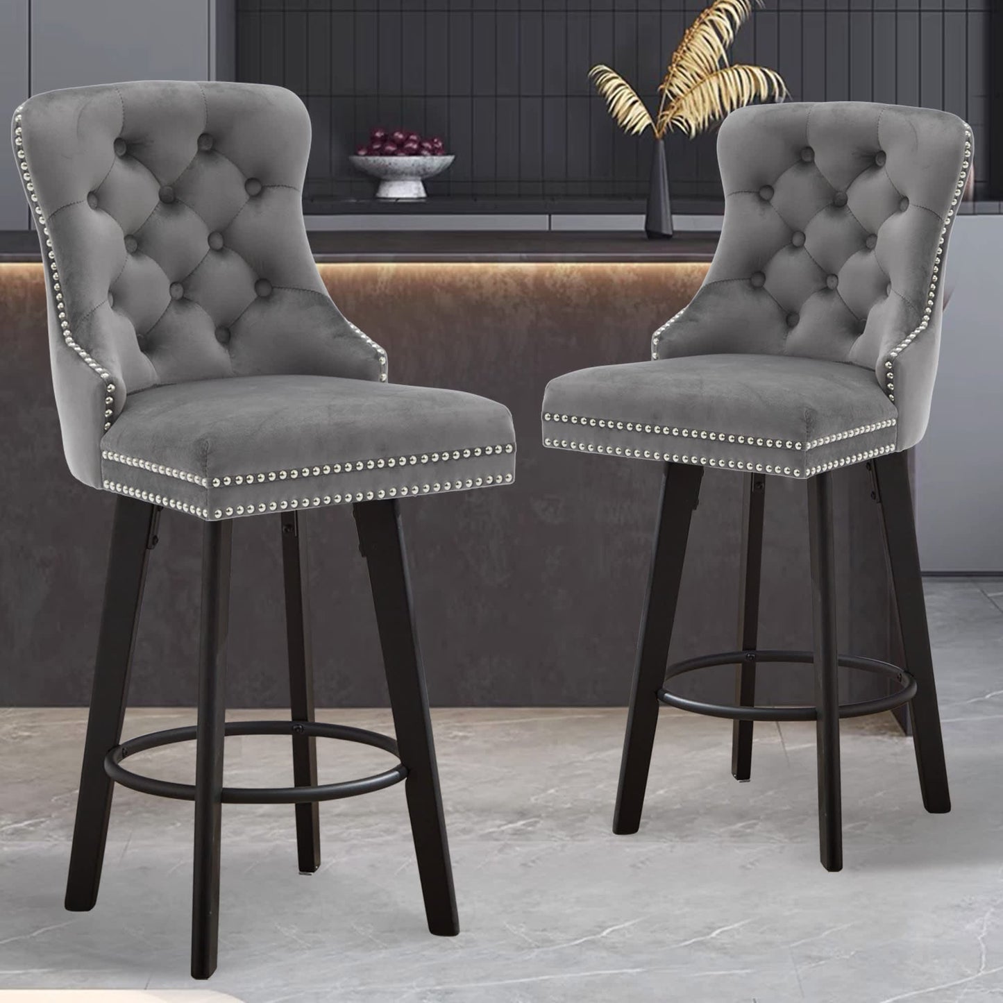 Vynxaria Set of 2 Dark Gray Velvet Bar Stools Modern Swivel Button Tufted Rivet Trim Large Backrest Sturdy Footrest 250 Lbs Capacity