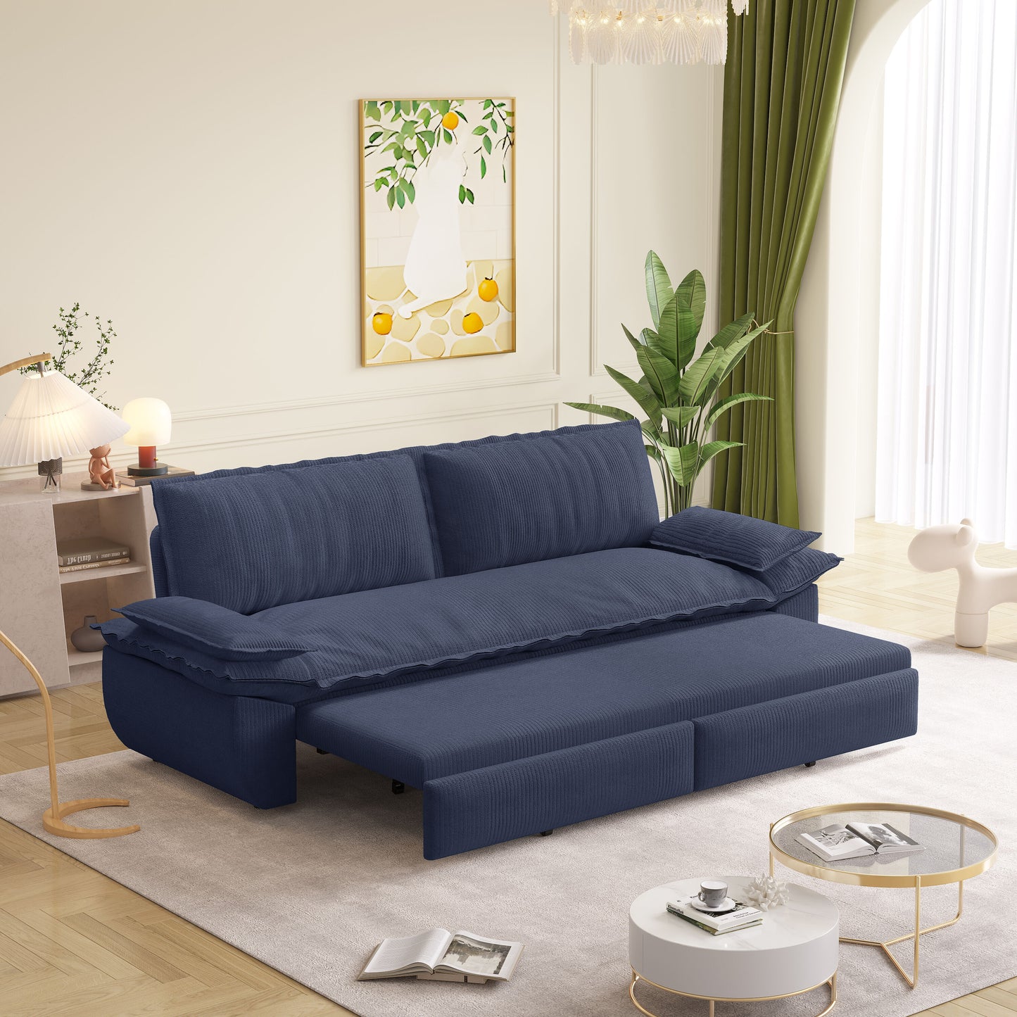 LOVMOR 73 Inch Queen Pull Out Sofa Bed 3 in 1 Convertible Sleeper Corduroy Loveseat Blue