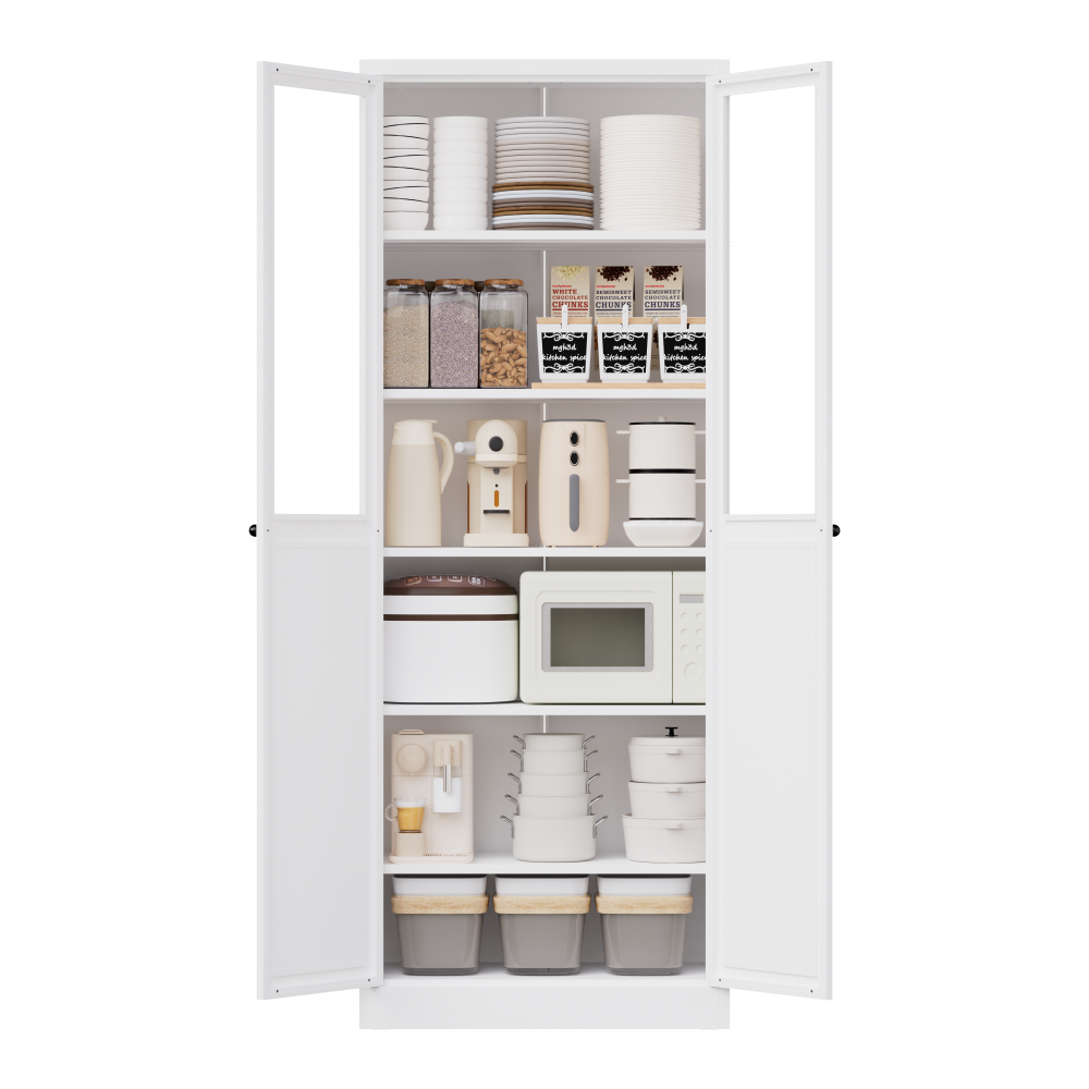 GlasFlength 72 Inch Metal Kitchen Pantry Cabinet with Doors and Shelves Tall Heavy Duty Adjustable Storage Organizer Tool Free Assembly Freestanding Cabinet for Living Room Bathroom White