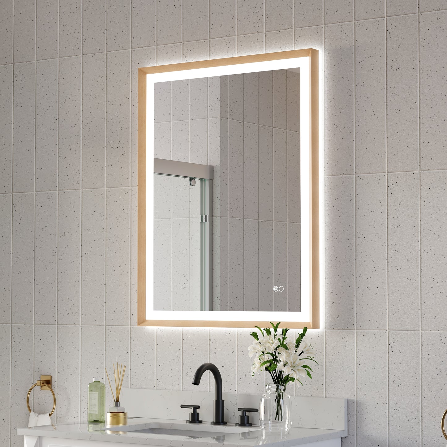WELLFOR LUKY LED Framed Mirror 28-in x 36-in Framed Rectangle Dimmable LED Lighted Fog Free Bathroom Vanity Mirror ( Brushed Gold )