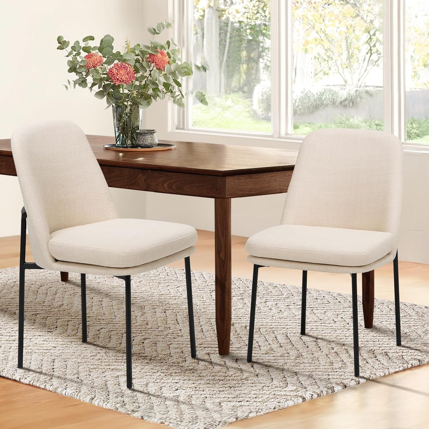 COLAMY Modern Dining Chairs Set of 2, Fabric Upholstered Dining Room Chairs Dinner Chair Stylish Kitchen Chairs with Curved Back and Metal Legs, Beige