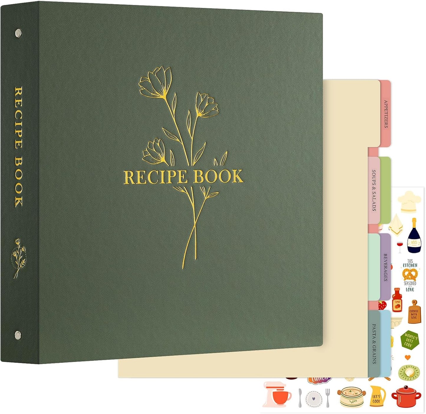 Lanpn Recipe Binder - 8.5x11, Waterproof, 60 Sleeves, 8 Dividers, 116 Family Recipes, Labels & Stickers, Green