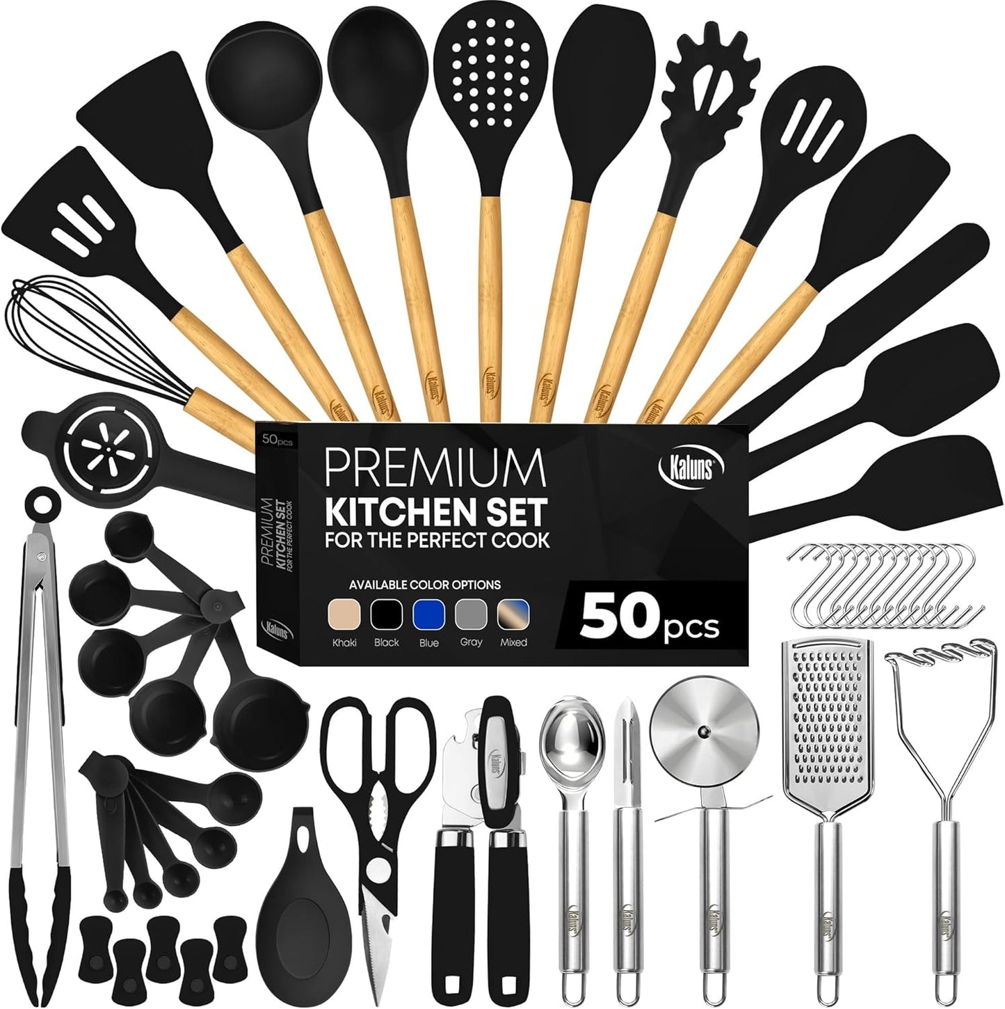 Kaluns 50 PCS Silicone Kitchen Utensils Set Complete Kitchen Set - 800°F Heat Resistant Non-Stick Premium Cooking Utensils W Wooden Handles - Can Opener, Masher, Turner, Silicone Spatula Set