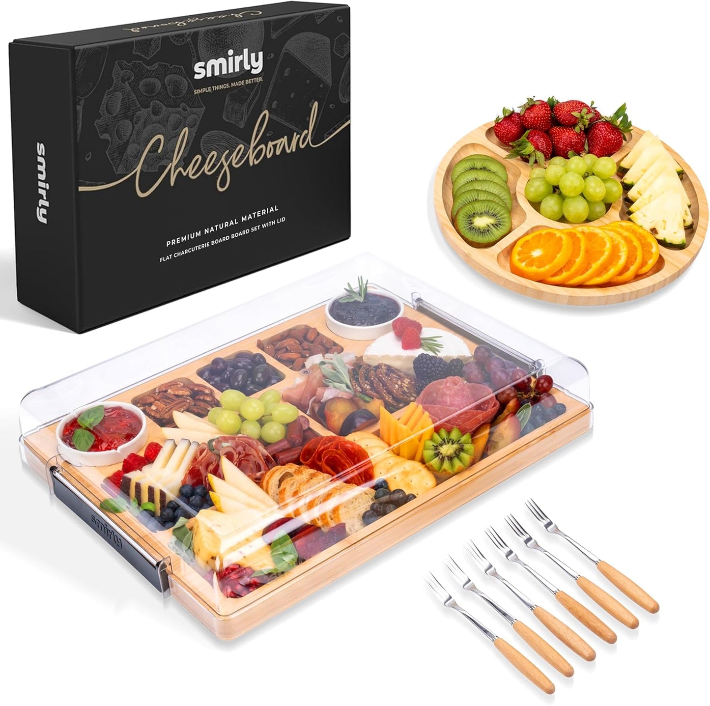 Smirly Charcuterie Boards with Lid Large Travel Cheese Charcuterie Boards with Lid, Portable Bamboo Cheese Platters Serving Tray for Home Kitchen Picnics, Housewarming Gifts Wedding Gifts for Couples