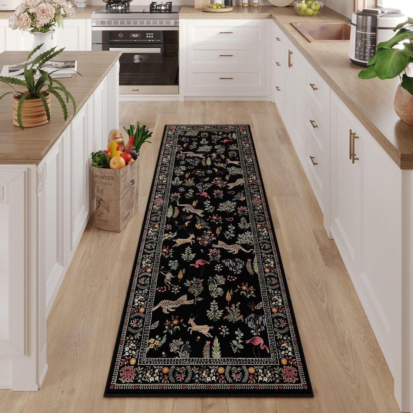 Rugcomf Runner Rug for Kitchen Rug Non Slip 2'6''x8' Washable Rugs with Rubber Backing Soft Floral Animal Carpet Runner for Kitchen, Laundry, Bedroom, Bathroom (Black)