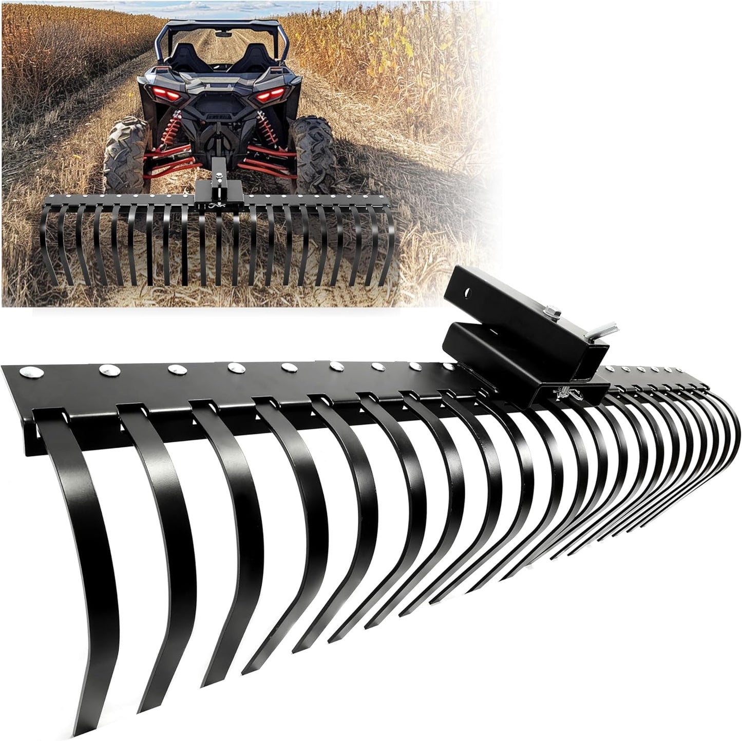 KUAFU 60 Inch Landscape Rake Pine Straw Rake Tractors Rake Fit for 2 Inch Receiver ATV UTV SxS Features 48" or 60" Accessory Tool Bar & 3 Point Hitch System Powder Coated Steel