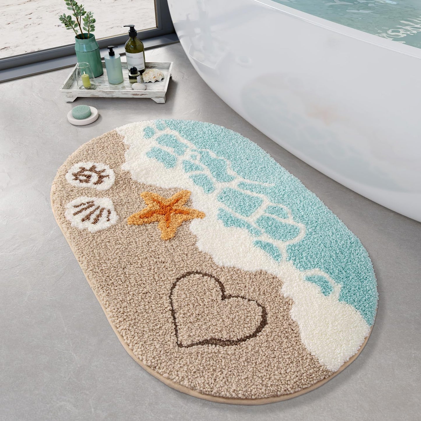 LUMI Soft and Absorbent Beach Bathroom Rug, Non-Slip Backing, Ideal for Bathroom, Kitchen and Entryway Decor, Sea Beach Starfish Shell Bath Decor, Azure Bay, 22"x34"
