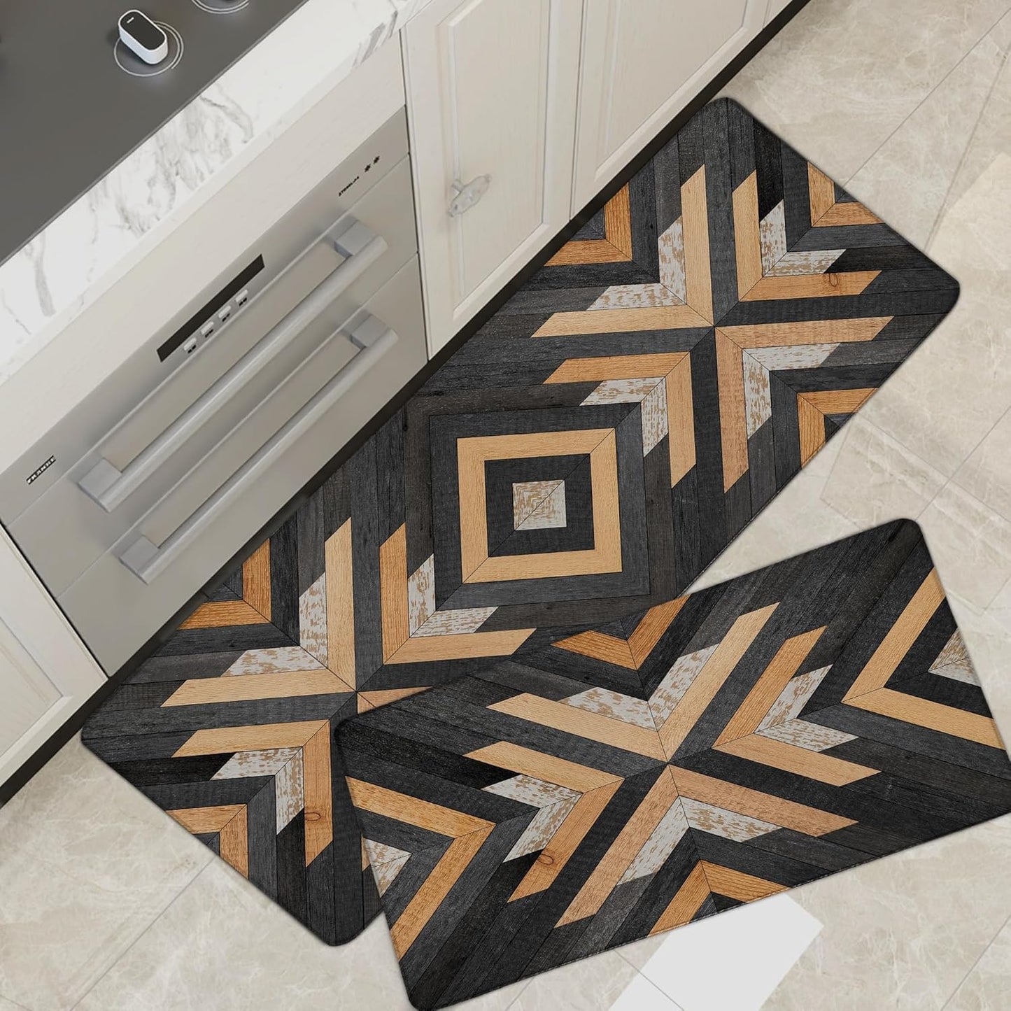 Tyrot Black Boho Aztec Kitchen Mats Rugs Sets of 2 Cushioned Anti Fatigue Floor Mat Western Foam Comfort Kitchen Rugs Farmhouse Style Non Slip Waterproof Standing Mat for Sink Laundry