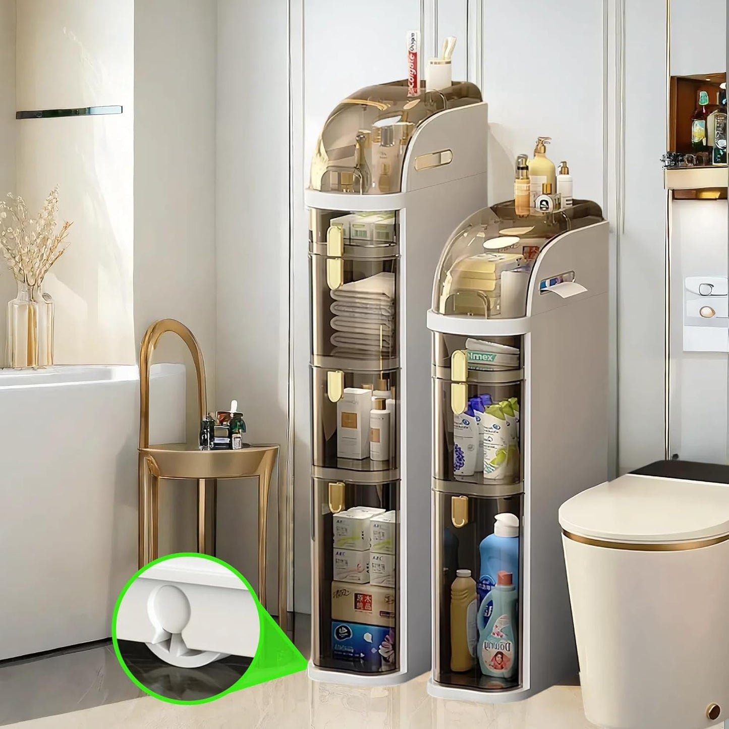 KUPABABI 4-Tier Slim Bathroom Storage Cabinet, Waterproof Narrow Floor Cabinet with Toilet Paper Holder, Wheels, Bathroom Storage Organizer for Small Spaces, Laundry, Kitchen, Office, Out of The Box