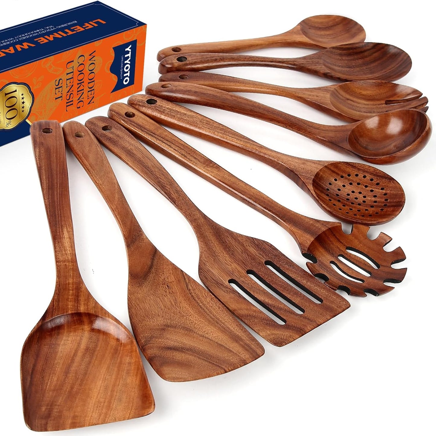 Wooden Utensil Set, Natural Teak Wooden Kitchen Utensils Set, Essential Wooden Spoons for Cooking (9Pcs)