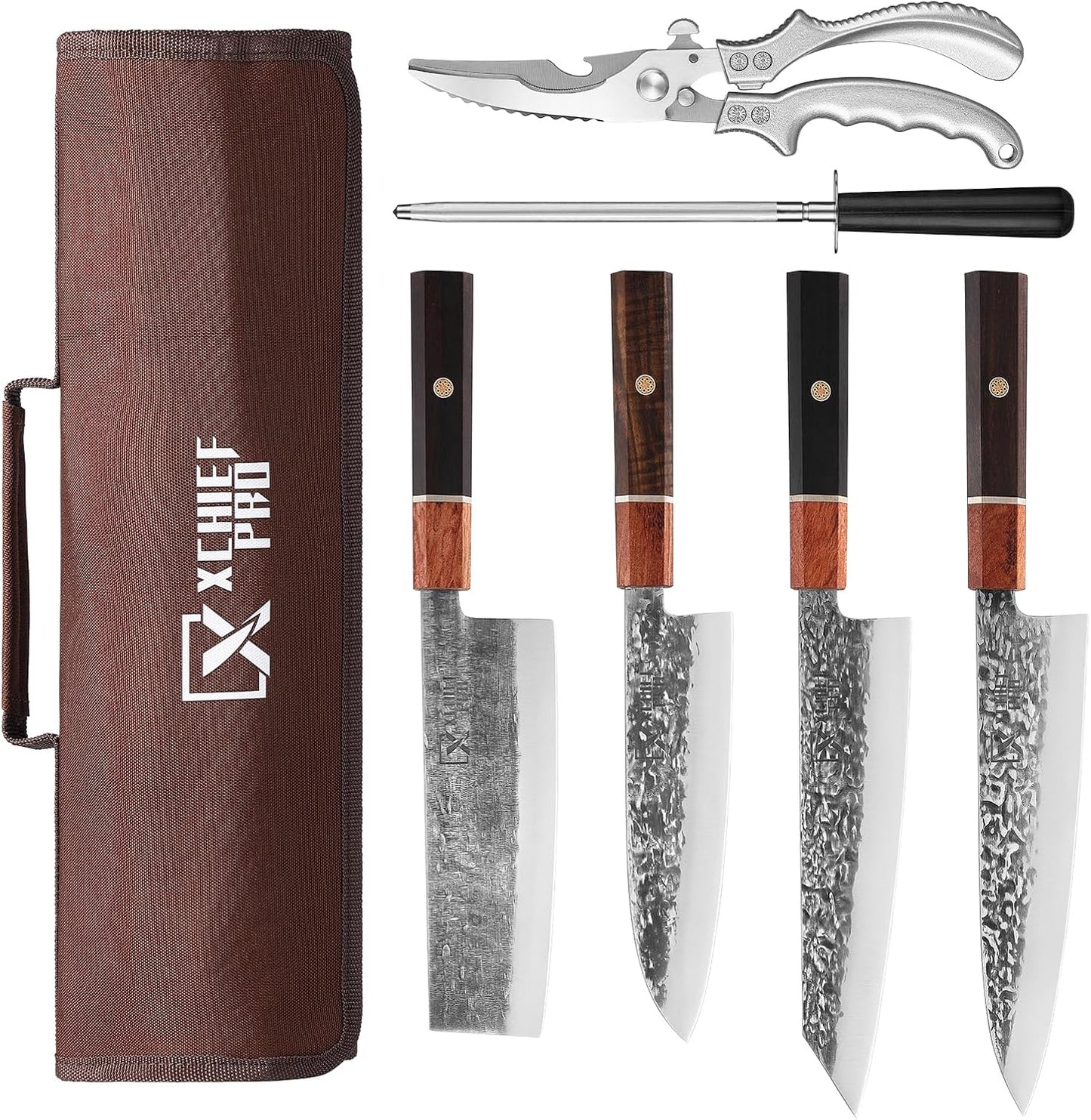 XCHIEF PRO Japan Knife Set, High Carbon Steel Japan Nakiri Santoku Knife Set, Hand Forged Meat Cleaver Butcher Knife with Accessories for Kitchen, Camping BBQ Knives Set with Bag