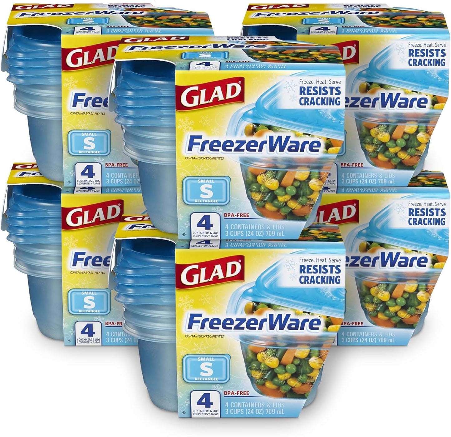 Glad GladWare Freezerware Food Storage Containers - Small Rectangle - Meal Container Holds up to 24 Ounces of Food - Lock Tight Seal, 4 Count - 6 Pack