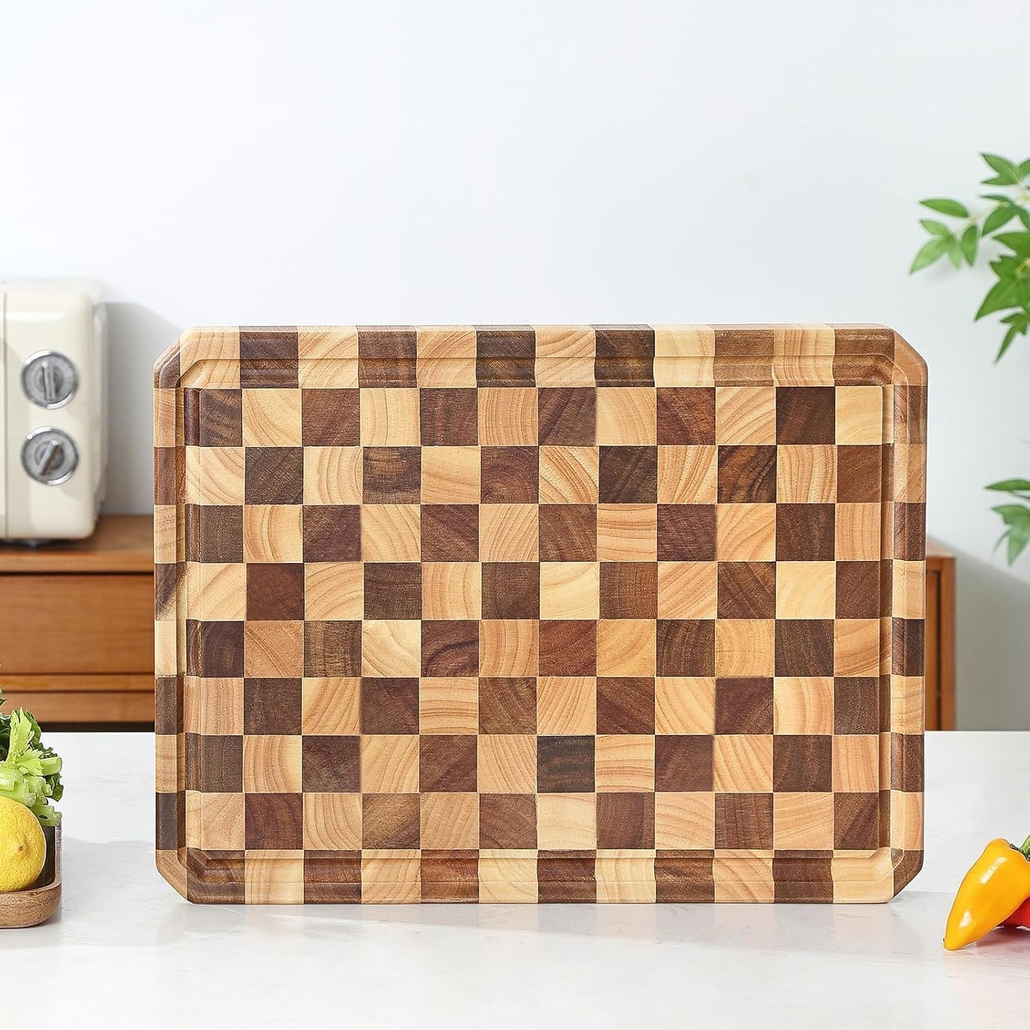 Large wood Cutting Board for Kitchen with Juice Handles , Chopping Board Cheese Charcuterie Board (Checkered cutting board)
