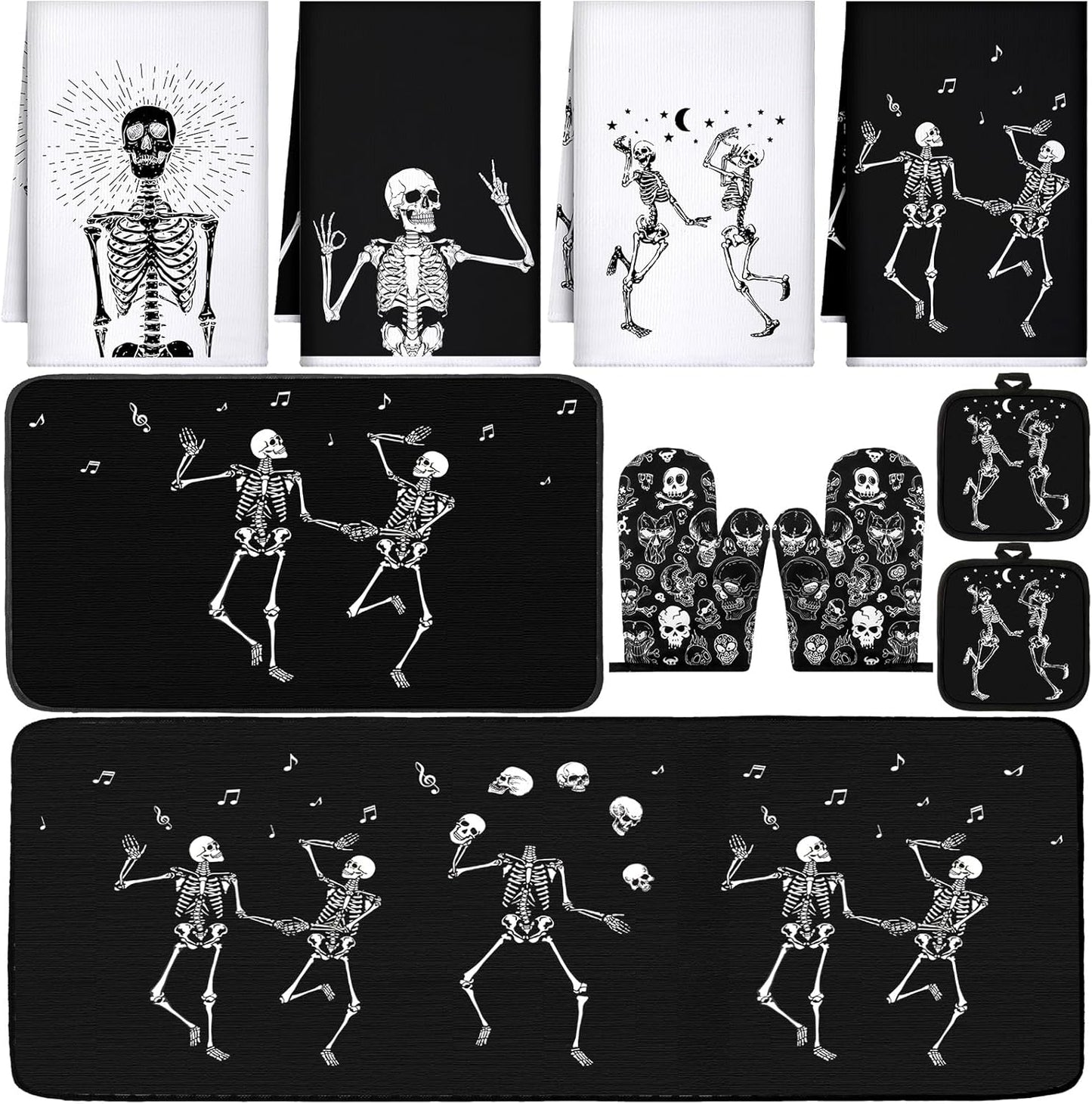 10 Pcs Halloween Skeleton Kitchen Dish Towels Rugs Oven Mitts and Pot Holders Set Farmhouse Kitchen Decor Set for Women Mom Daughter Gift Cooking Baking Grilling (Spooky Black)