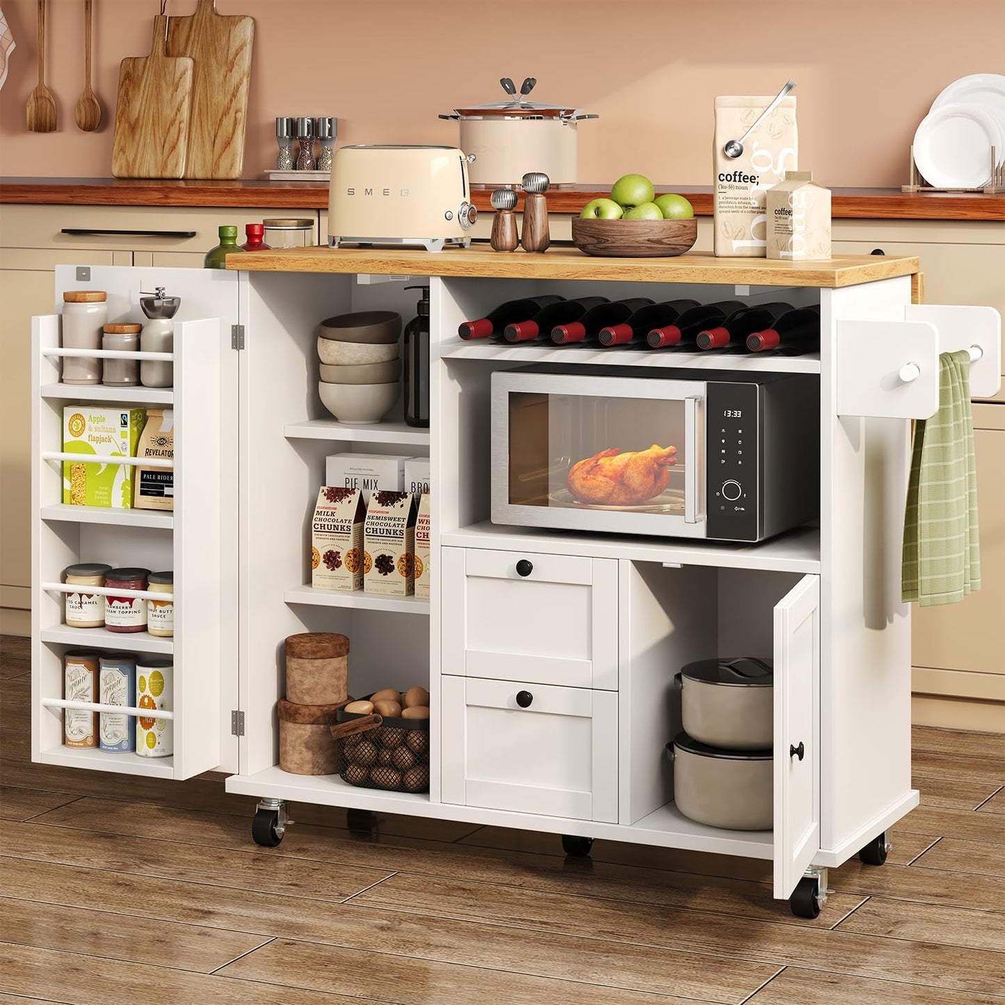 Rolling Kitchen Island with Storage Cabinet, 41.3'' Width Kitchen Cart with Desktop Drop Leaf Countertop, Portable Mobile Kitchen Island with Towel Rack, Spice Rack Shelf and Lockable Wheels, White