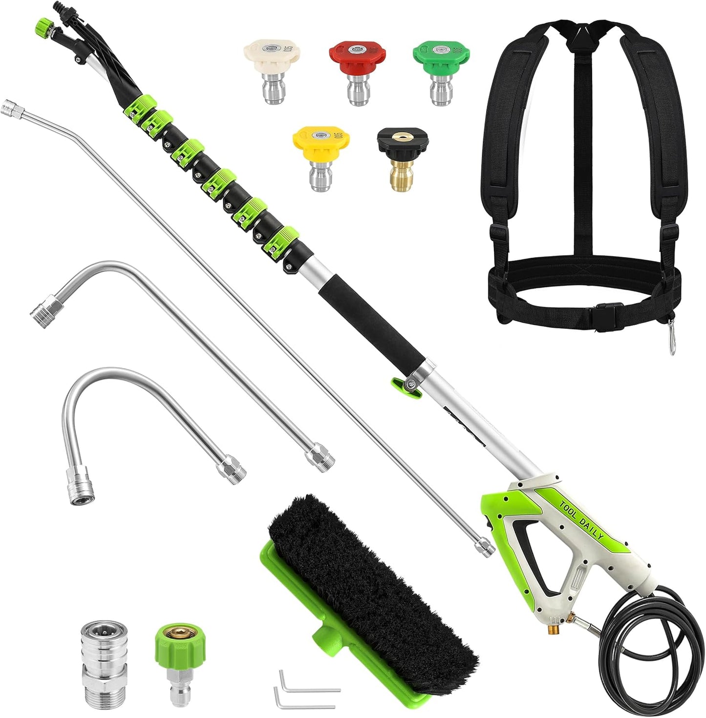 Tool Daily 21FT Telescoping Pressure Washer Wand with Brush, Power Washer Extension Wand, Aluminum Telescopic Gutter Cleaner with 3 Curved Rods, 5 Sprayer Nozzle Tips and Adjustable Belt, 4000 PSI