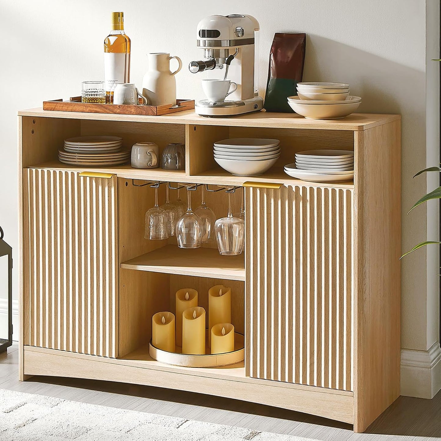 Amada Coffee Bar Cabinet with Wine Glass Rack, 47.2" Buffet Sideboard with Adjustable Shelves, Storage Cabinet for Kitchen,Entryway,Dining Room, Home Bar, Holds 200 lbs, Soft-Close Hinges,Natural Oak