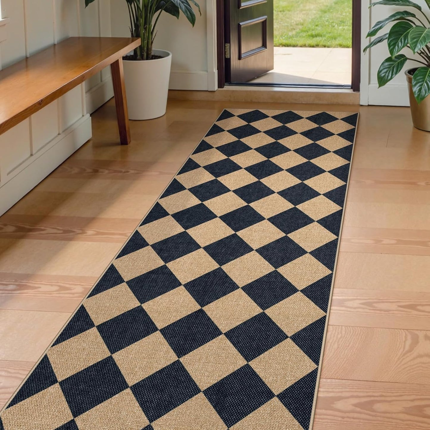 Lahome Checkered Easy Jute Runner Rug, 2x8 Hallway Kitchen Runner Rug Non Slip Washable Outdoor Carpet for Entryway Indoor, Checkerboard Black Indoor Outdoor Carpet for Hallway 8ft Entry