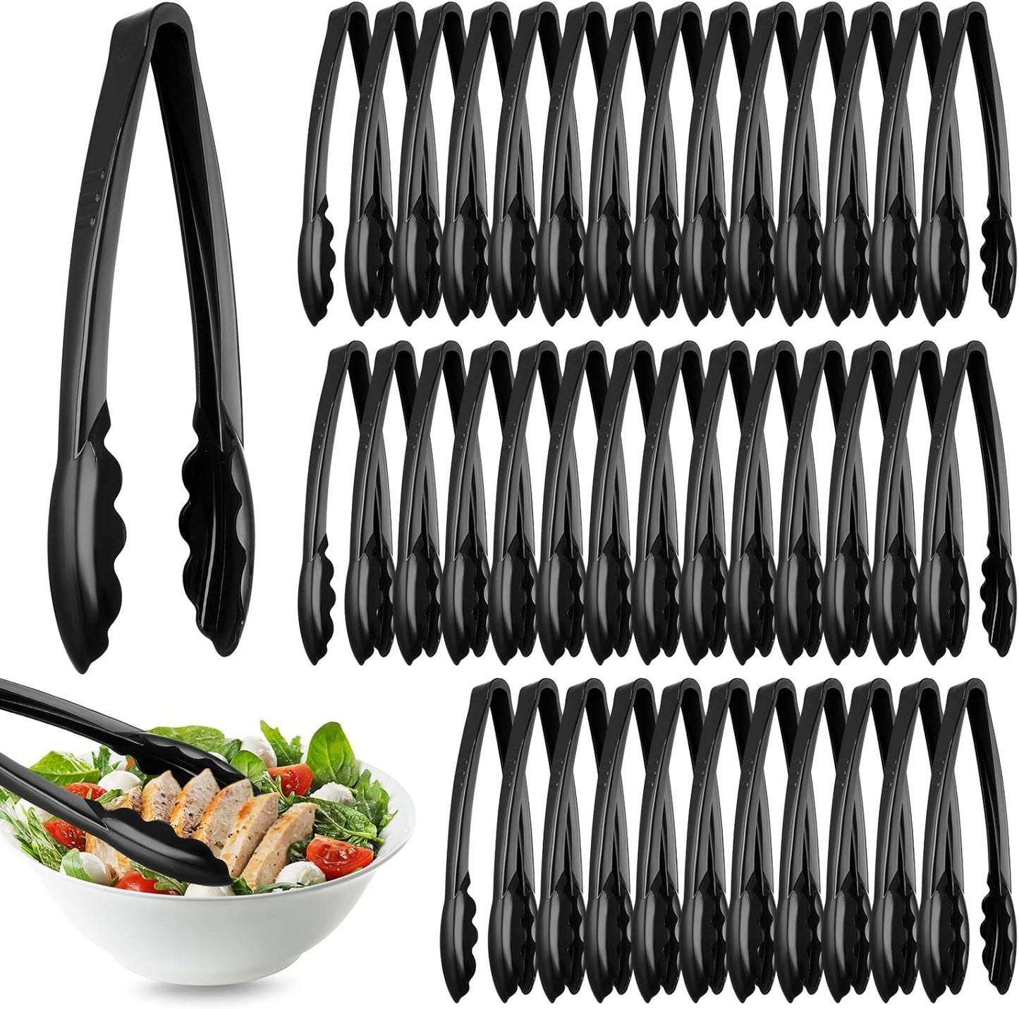 Tessco 50 Pcs Plastic Tongs for Serving Bulk, 9 Inch Plastic Disposable Serving Tongs Heavy Duty Salad Utensils for Kitchen Buffets BBQ Events Catering (Black)
