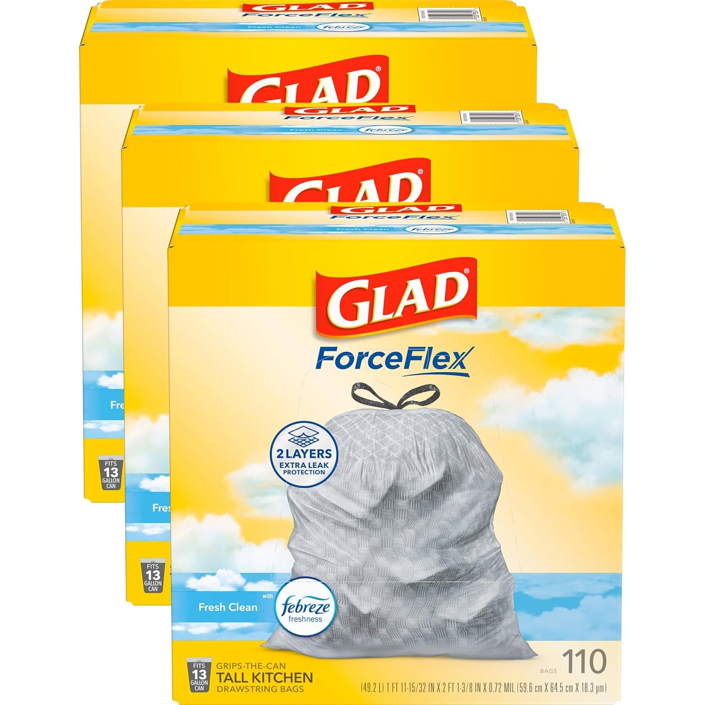 Glad ForceFlex Tall Kitchen Trash Bags, 13 Gallon, Fresh Clean, 110 Ct, 3 Pack (Package May Vary)