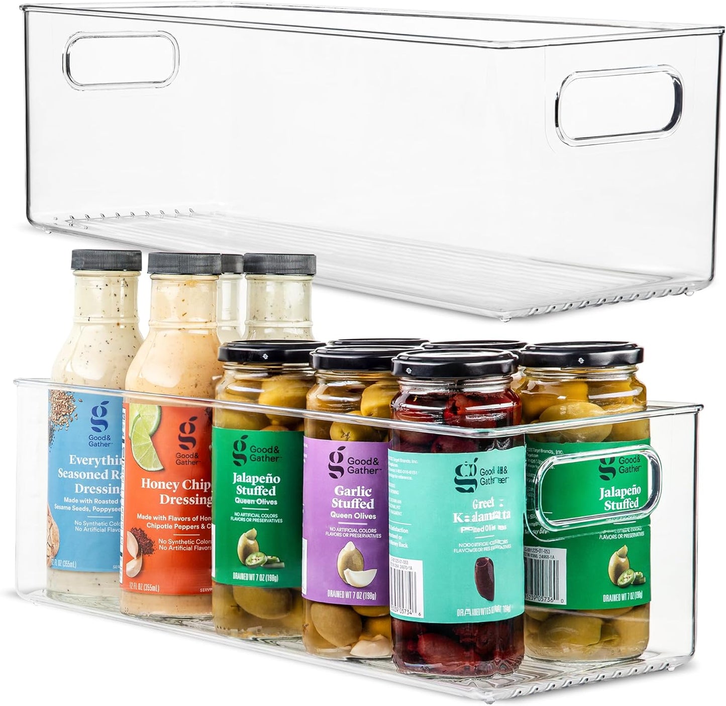 Plastic Food Storage 2 Pack Clear Container Bin with Handles for Organizing Kitchen, Pantry, Refrigerator, Freezer, Pantry, Cabinet, Closet, Bathroom. 16\u201Dx6\u201Dx5\u201D