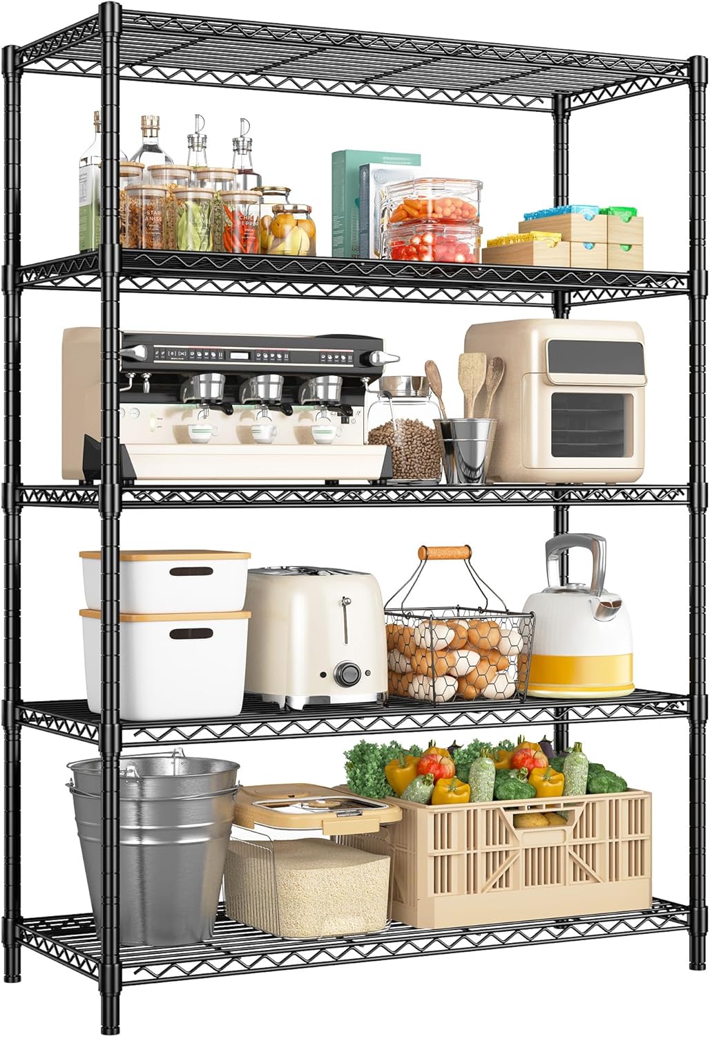 Romorgniz 5 Tier Storage Shelves 71"H Wire Shelving Adjustable Metal Shelving,1000LBS Pantry Shelves Sturdy Steel Wire Shelf for Kitchen Commercial Pantry Garage Warehouse ,71"H X35.5"W X13.8"D, Black
