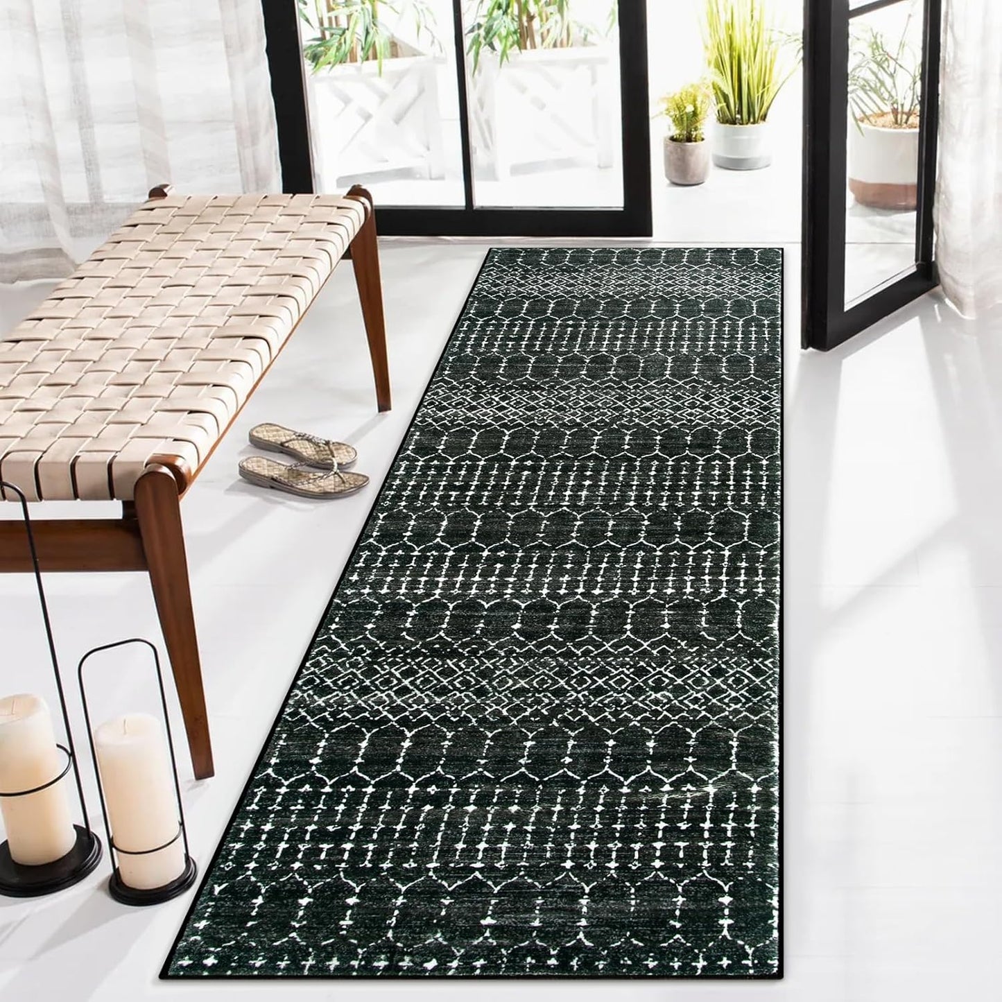 Lahome Moroccan 2x6 Black Runner Rug Non-Slip, Kitchen Rug Runner Washable Non-Skid Hallway, Geometric Print Distressed Carpet for Entryway Bathroom Laundry