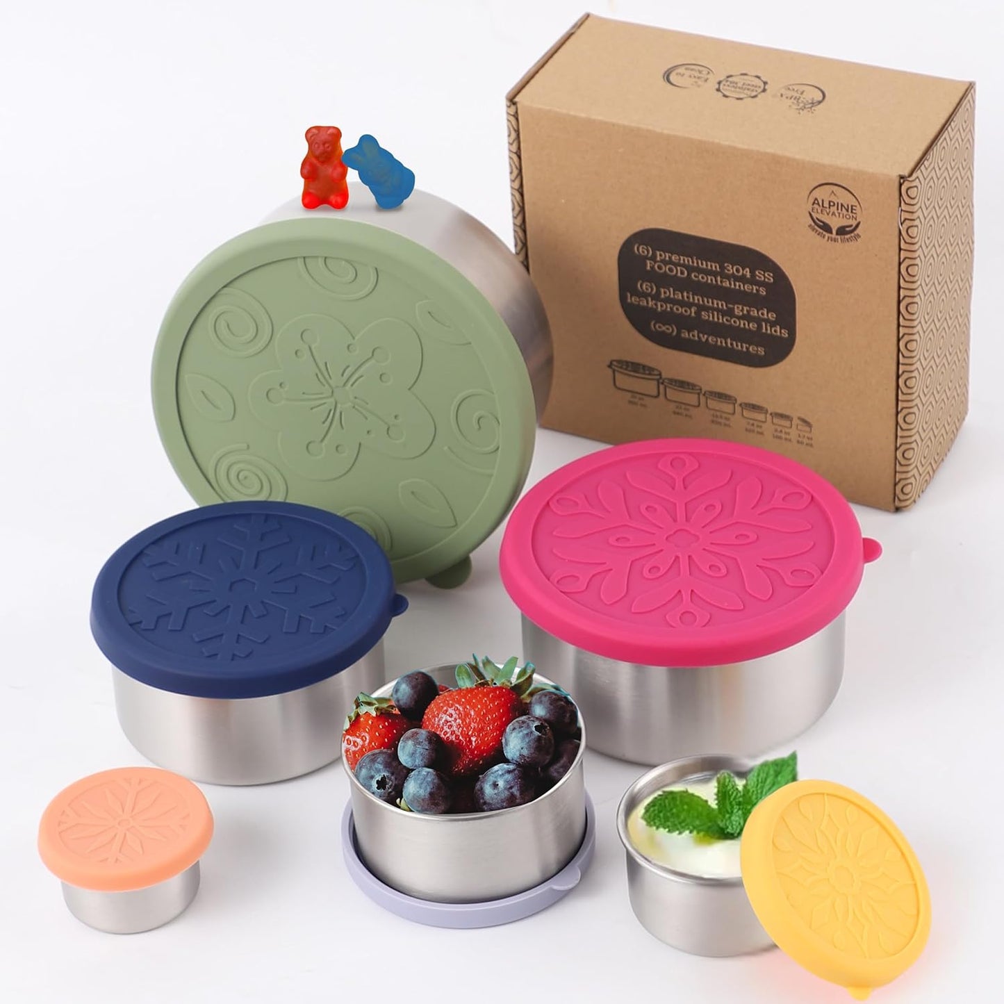 Alpine Elevation 12 Pcs - 6 Stainless Steel Containers + 6 Silicone Lids | 304 Stainless Steel Snack Container | Nesting Snack and Dip Containers | Metal Food Storage