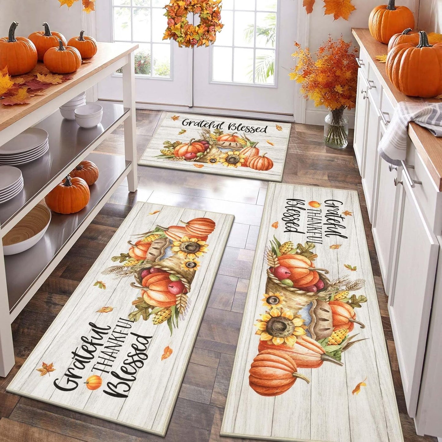 HEBE Fall Kitchen Rugs Sets of 3, Non Slip Pumpkin Kitchen Rugs and Mats, Washable Kitchen Mats for Floor, Autumn Kitchen Runner Floor Carpet for Thanksgiving Holiday Decor