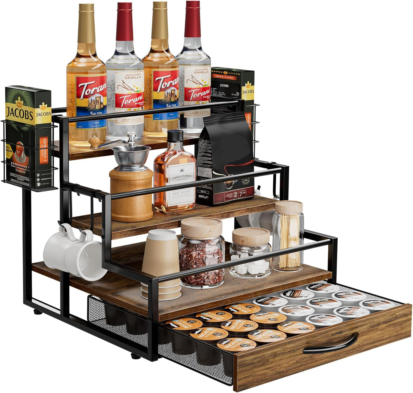 Coffee Syrup Organizer Rack, 4-Tier Syrup Bottle Holder Stand with 36 K Cup Pod Drawer Storage for Coffee Bar, 12 Bottles Storage Shelves for Syrup, Wine, Dressing for Kitchen Coffee Station