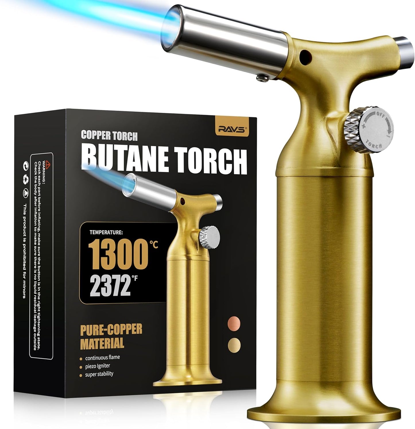 RAVS Butane Torch Lighter with Solid Copper Design, Kitchen Torch Lighter with Adjustable Flame, Refillable Creme Brulee Torch for Cooking, Soldering, Birthday Gifts for Men Women, Butane Not Included