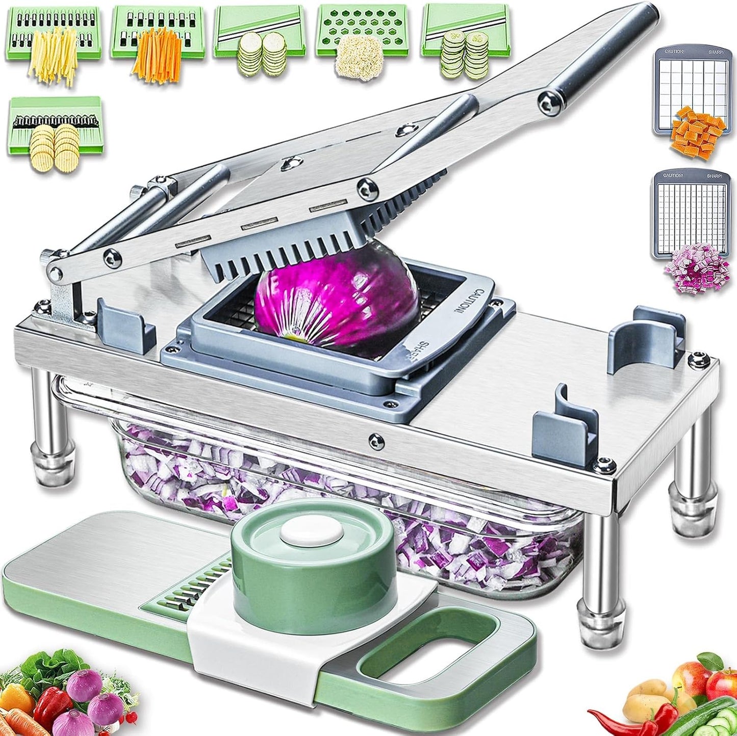 Stainless steel Vegetable Chopper, Veggie Chopper With 8 Blades, Onion Dicer with Container, Food Cutter & Grater Mandoline Slicer