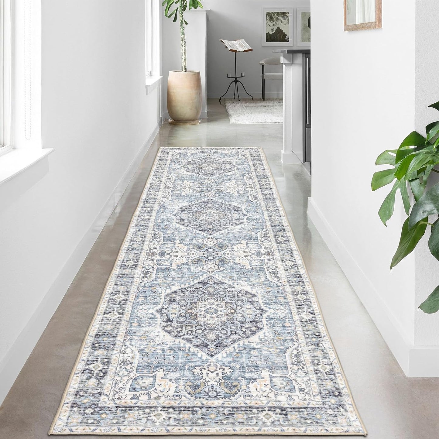 Domitapis Runner Rug 2×8, Vintage Boho Rug,Ultra-Soft Low Pile, Washable, Non Slip,Stain Resistant Printed Carpet for Hallway Kitchen Living Room Bedrooms Playroom Office, Light Blue