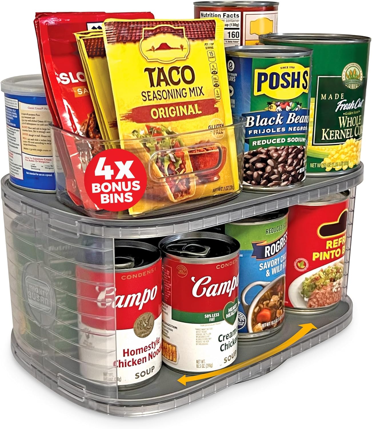 Mighty Susan Kitchen Organizer for Canned Goods: 2-Tiered Robust Turntable Organizer for Cabinet\/Pantry. Steel Reinforced Holds Up To 30 lbs. Rotates 360° for Maximum Visibility. Includes 2 Bonus Bins