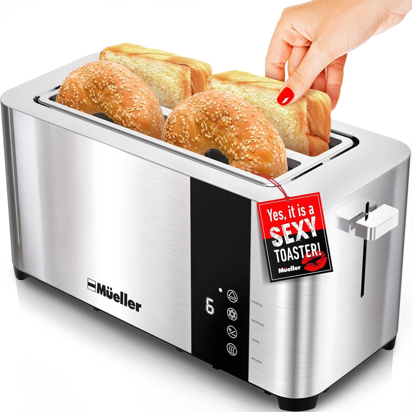Mueller UltraToast Full Stainless Steel Toaster 4 Slice, Long Extra-Wide Slots for Bagels and Waffles, 6 Browning Levels, LED Display, Cancel\/Defrost\/Reheat Functions & Removable Tray, Kitchen Gadgets