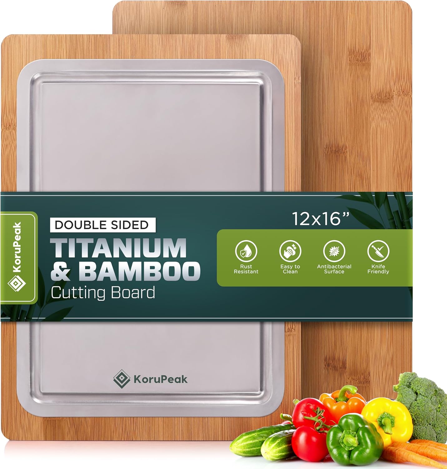 Double-Sided 100% Titanium Cutting Board with Bamboo Charcuterie Side \u2013 Pure Titanium Cutting Boards for Kitchen \u2013 Large(16"x12") Elegant Cutting Board w\/Juice Groove & Wood Presentation Surface