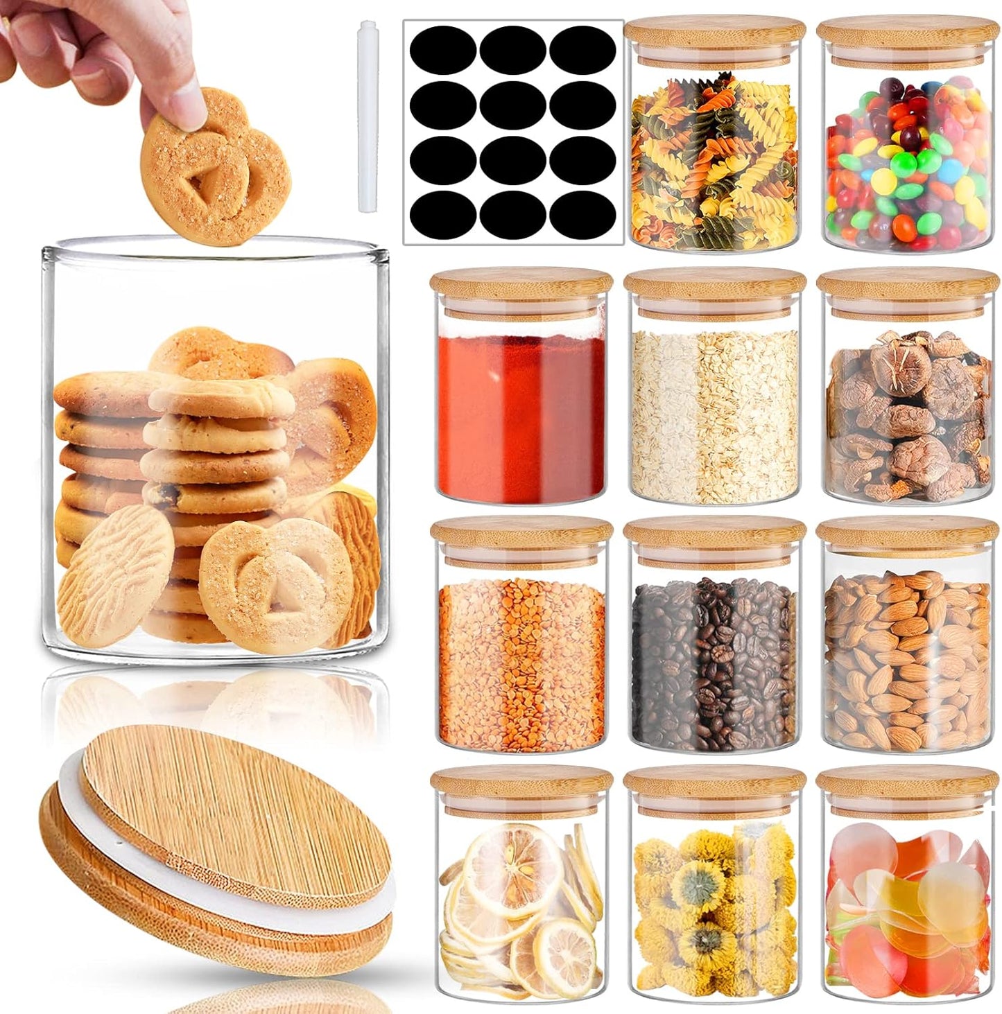 SLifeJars - Glass Jars with Bamboo Lids 16 oz, 12pcs Glass Food Storage Jars with Rewritable Labels, Bamboo Lid Jar for Kitchen Storage, Food Storage Containers with Lids for Herbs