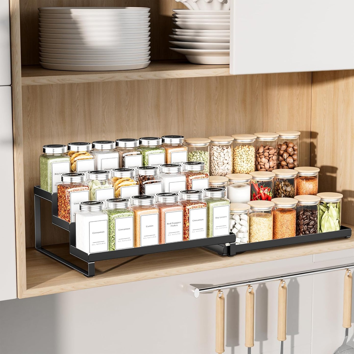 Spice Rack Organizer for Cabinet, Expandable 3 - Tiered Spice Rack, Metal Spice Organizer, Spice Shelf Organizer for Cabinet, Countertop, Pantry, Cupboard, Black