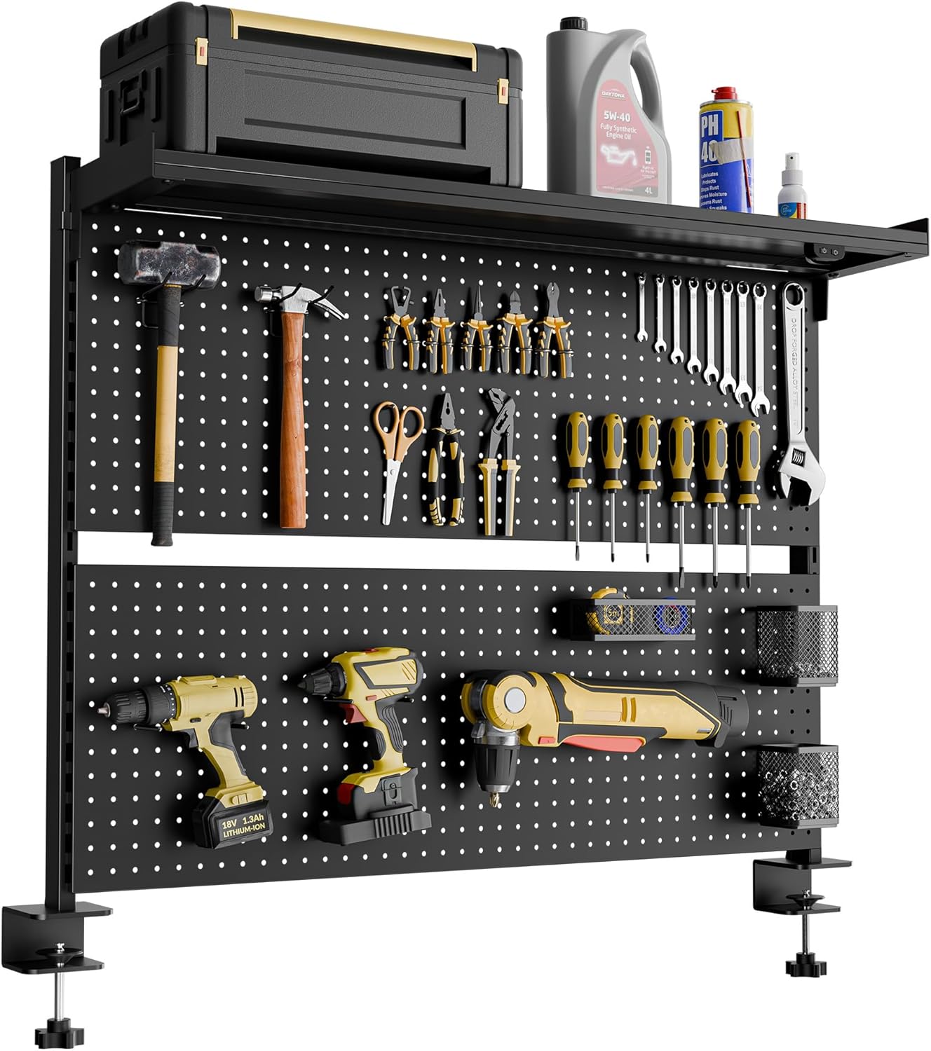 EUREKA ERGONOMIC Metal Pegboard, 43x34inch Clam on Desk Pegboard with Dual Monitor Stand, Garage Pegboard with 4 Accessories, Desk Shelves for Tool Organizer, Office, Gaming Desk, Workbench, Black