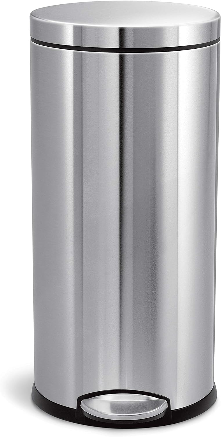 simplehuman 30 Liter \/ 8 Gallon Round Step Trash Can, Brushed Stainless Steel