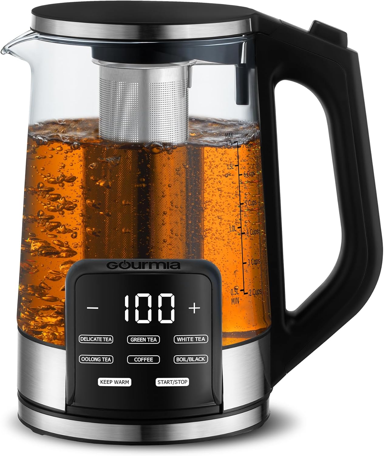 Gourmia Electric Programmable Glass Kettle – 1.7L Temperature Control Tea & Coffee Kettle with Digital Touch Display, 6 Presets, Keep Warm, Removable Stainless Steel Infuser, 360° Swivel Base – Black