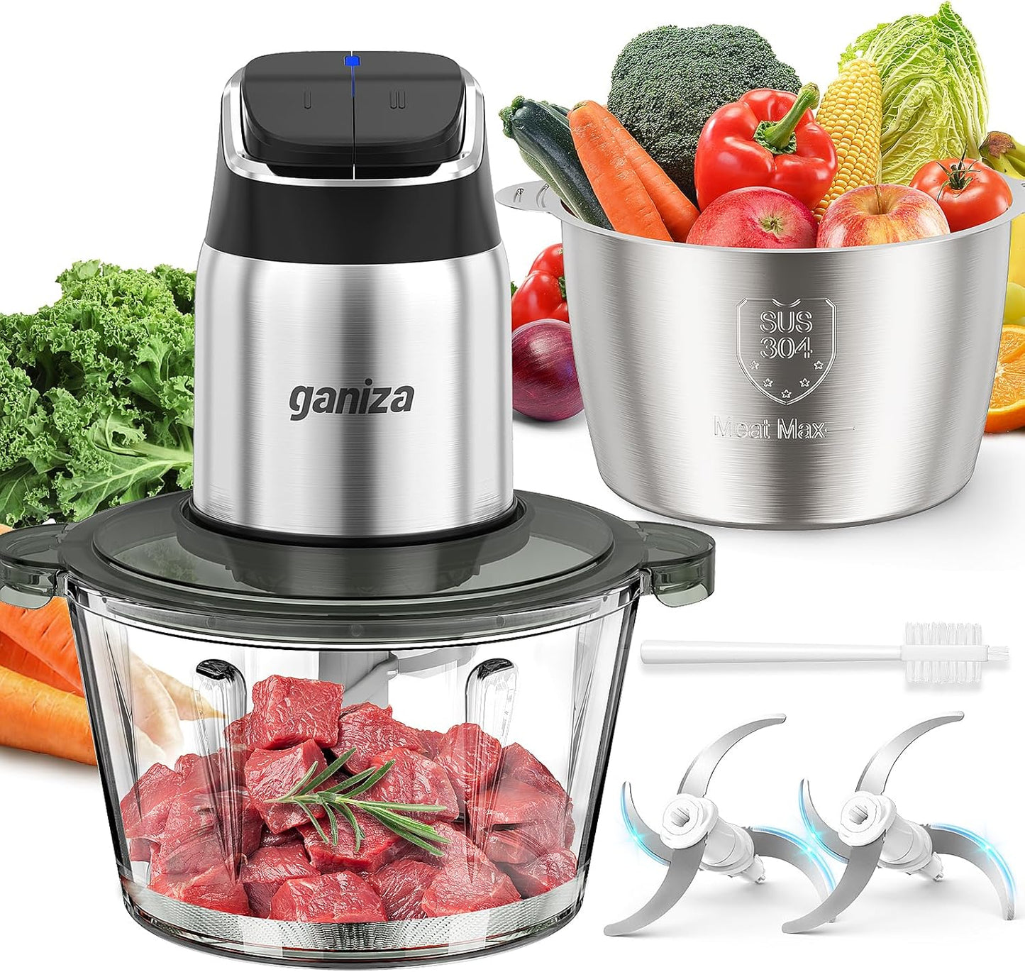 Ganiza Food Processor, 2-Speed Food Chopper Meat Grinder with 8 Cup Stainless Steel & 8 Cup Glass Bowls, Upgraded Button & Smart Overheat Protection Light - Includes Clean Brush, 2 Sets of Blades