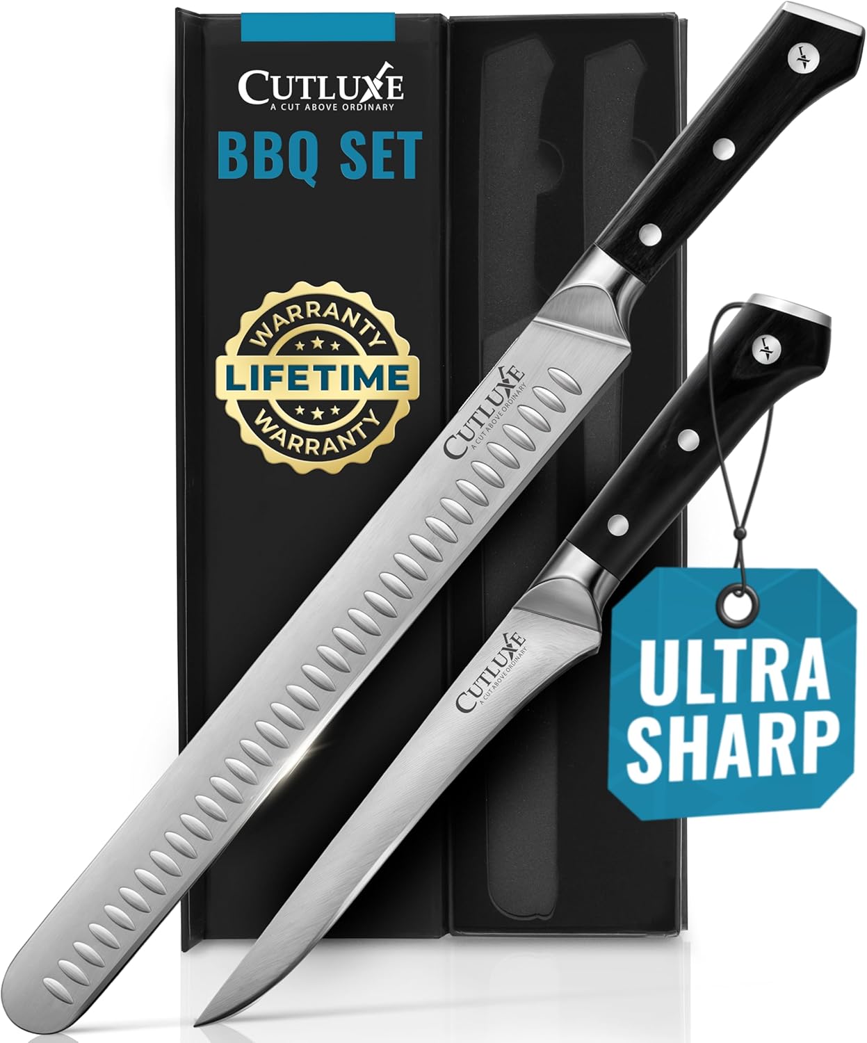Cutluxe BBQ Carving Knife Set \u2013 Brisket Slicing and Boning Knife for Meat Cutting \u2013 Professional Knife with Razor Sharp German Steel, Full Tang, Ergonomic Handles \u2013 Artisan Series