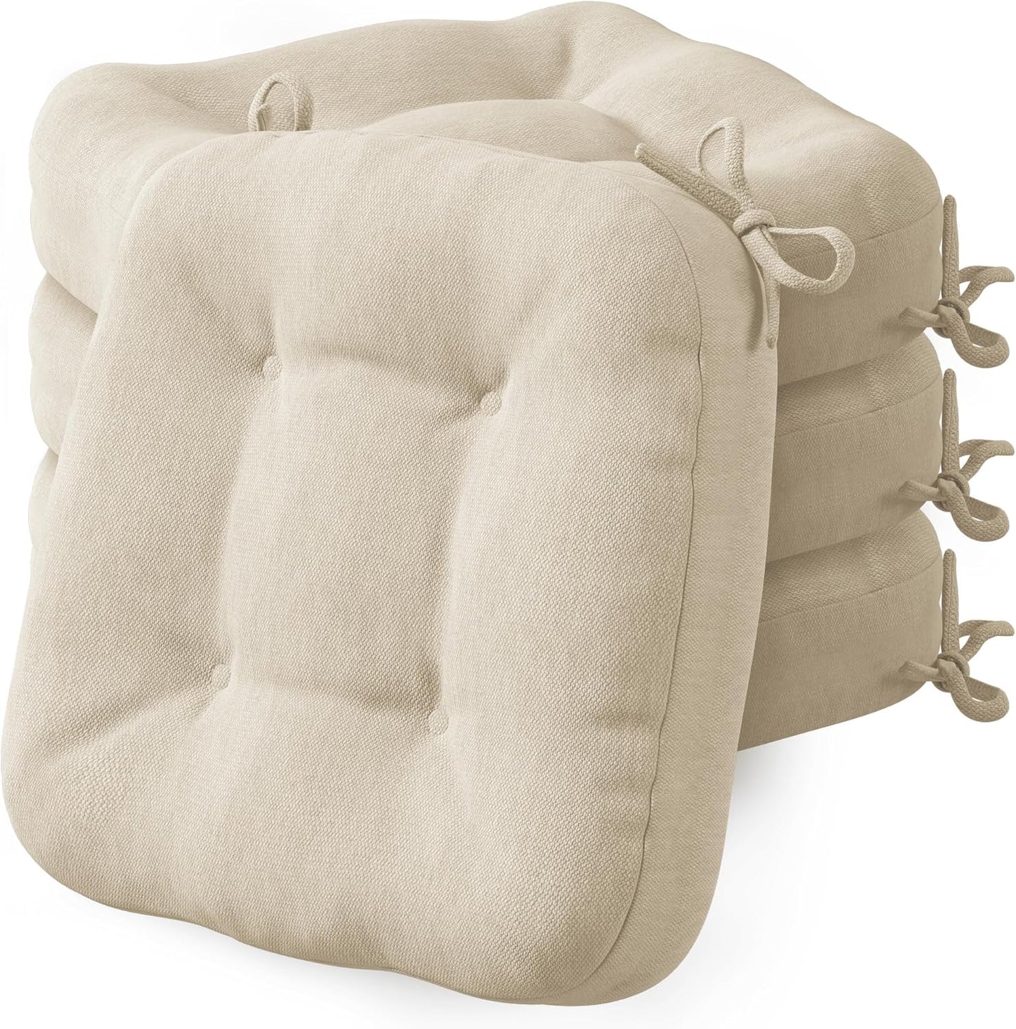 Codi Dining Chair Cushions 4 Pack, Thick Chairs Pads for Indoor Kitchen Room - Washable, Non-Slip Seat Cushion with Ties, 16.5"x16.5"x 3.5", Set of 4, Beige