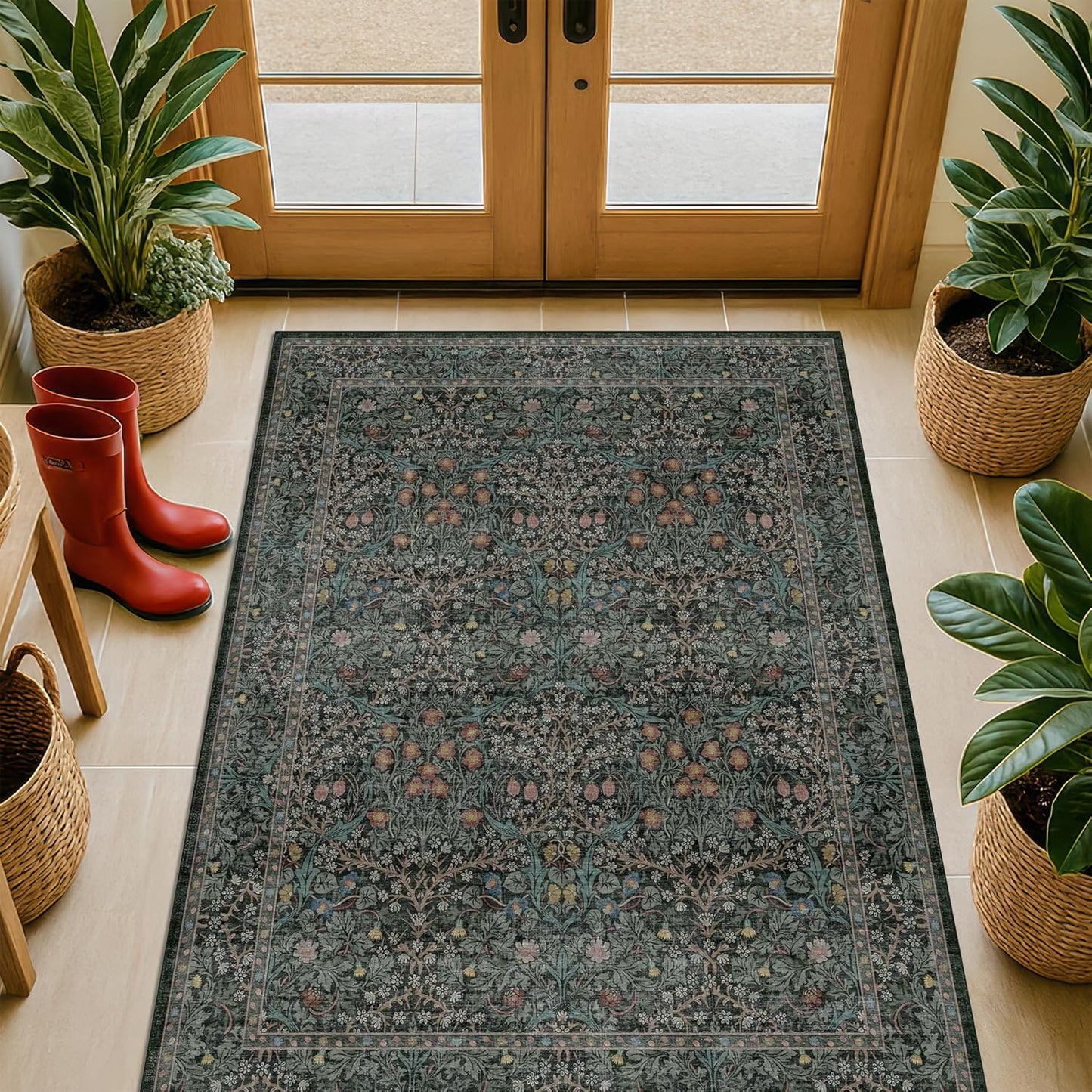 Vintage Floral Dark Green 3x5 Area Rugs for Entryway, Kitchen, Bedroom Beside Rug, Laundry Room, Non-Slip Low Pile Ultra Soft Stain Resistant Small Carpet